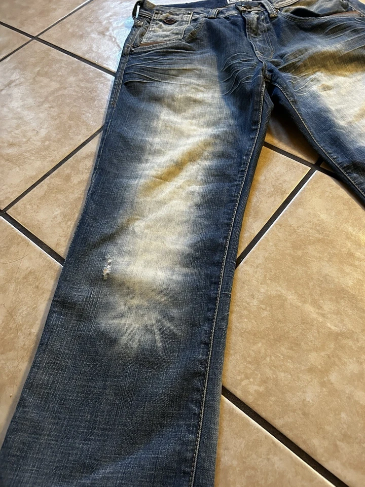 Pantalones de mezclilla para hombre Y2k calce recto talla 32 azul lavado desgastado vintage Foto 3 de 4