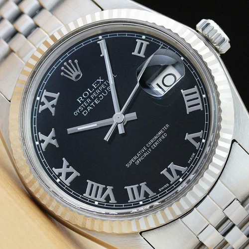 MENS ROLEX DATEJUST 16014 BLACK ROMAN 18K WHITE GOLD SS WATCH w/ JUBILEE BAND