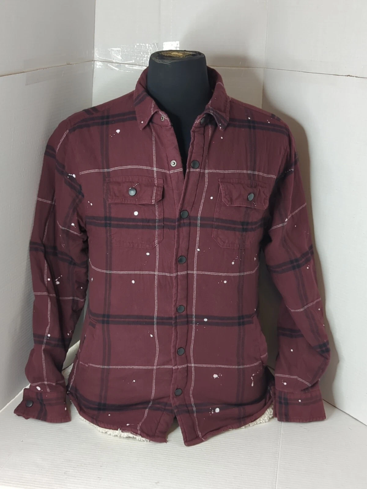 PACSUN Sherpa Lined Flannel Jacket/Shirt Small Burgundy w Paint Splatter Design
