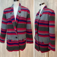 VTG Womens 80's 90  s Stripe Fleece Oversized Blazer Coat Jacket