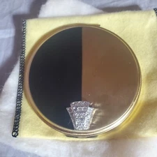 Vtg Volupte Face Powder Compact Mirror, Puff 3" Round Made USA Gold Tone & Black