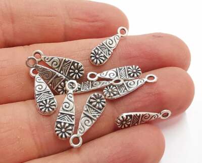 10 PCS Flower Drop Dangle Floral Antique Silver Plated Charms (18x6mm) G21012