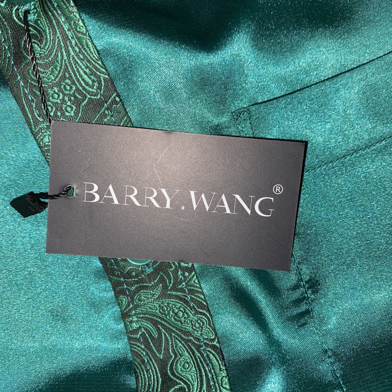 Barry Wang Mens Esmeral Green Silk Satin Dress Shirt Long Sleeve Paisley Cuff(S)