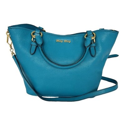 MIU MIU Prada Vitello Caribu Tote Bag Türkis Leder Tasche Schultertasche Hand 