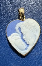14k Gold Wedgwood Style Jasperware Blue Cameo Pendant Vintage Jewelry