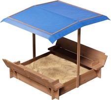 Wooden Kids Sandbox W/ Adjustable Canopy Foldable Bench Seats for Outdoor Play