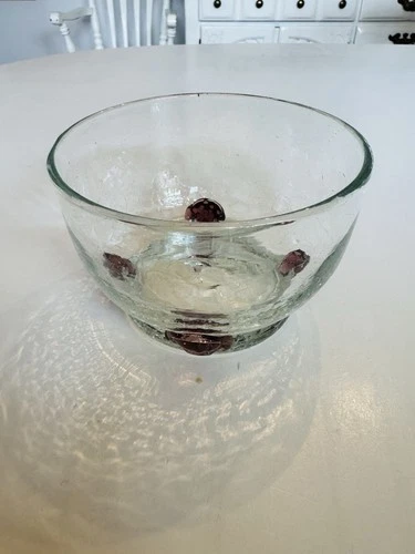 Vintage Blenko Crackle Clear Glass Blown Bowl With Amethyst Accents