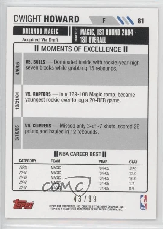 2005-06 Topps Big Game Red /99 Dwight Howard #81 HOF - Image 2 of 2