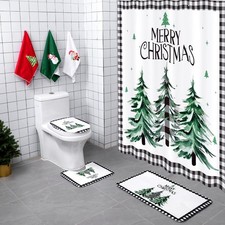 7 Pcs Christmas Shower Curtain Set Themed Bathroom Decor Shower Curtain and M...