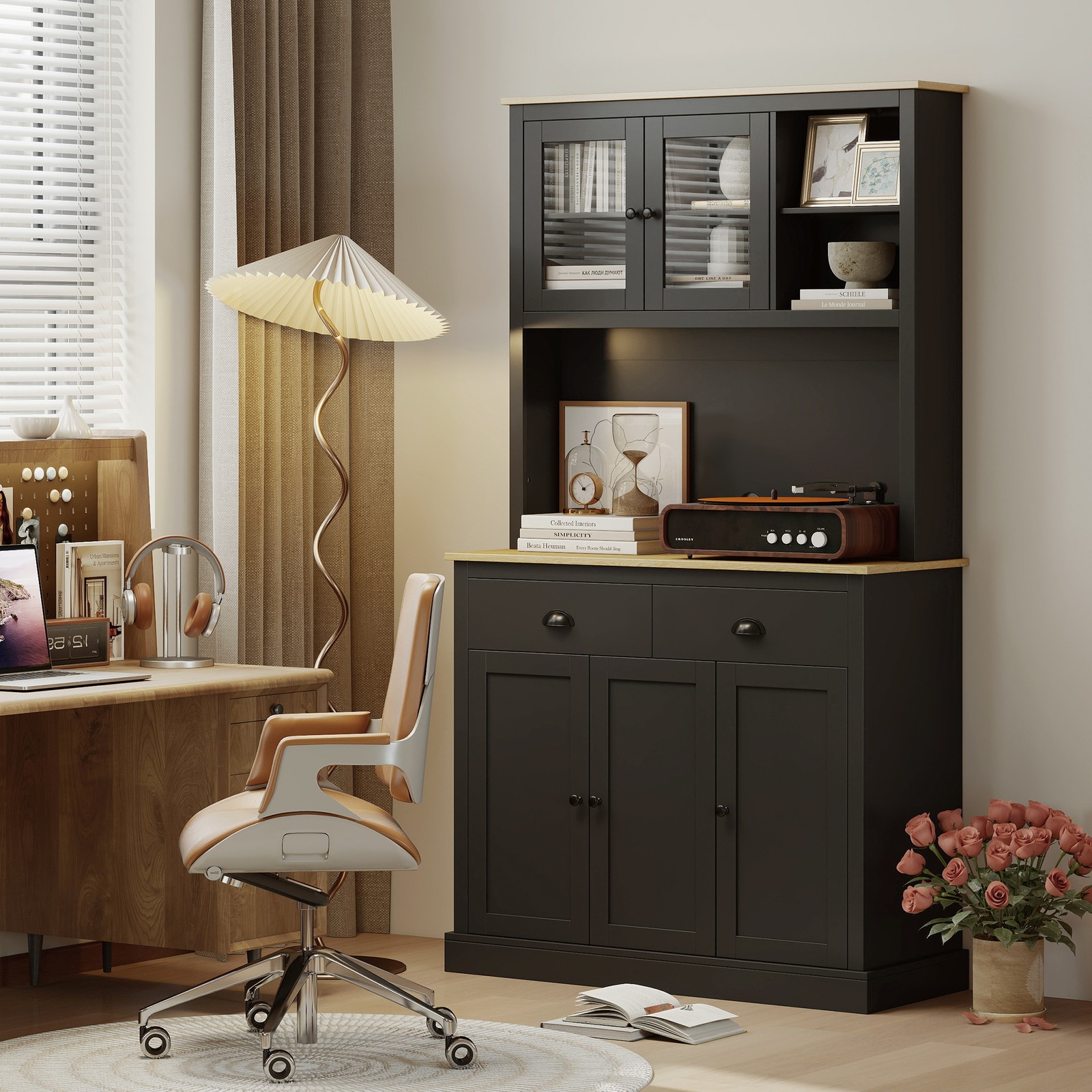 Kitchen Cabinet with Microwave Stand, 71" Pantry Cabinet, Black