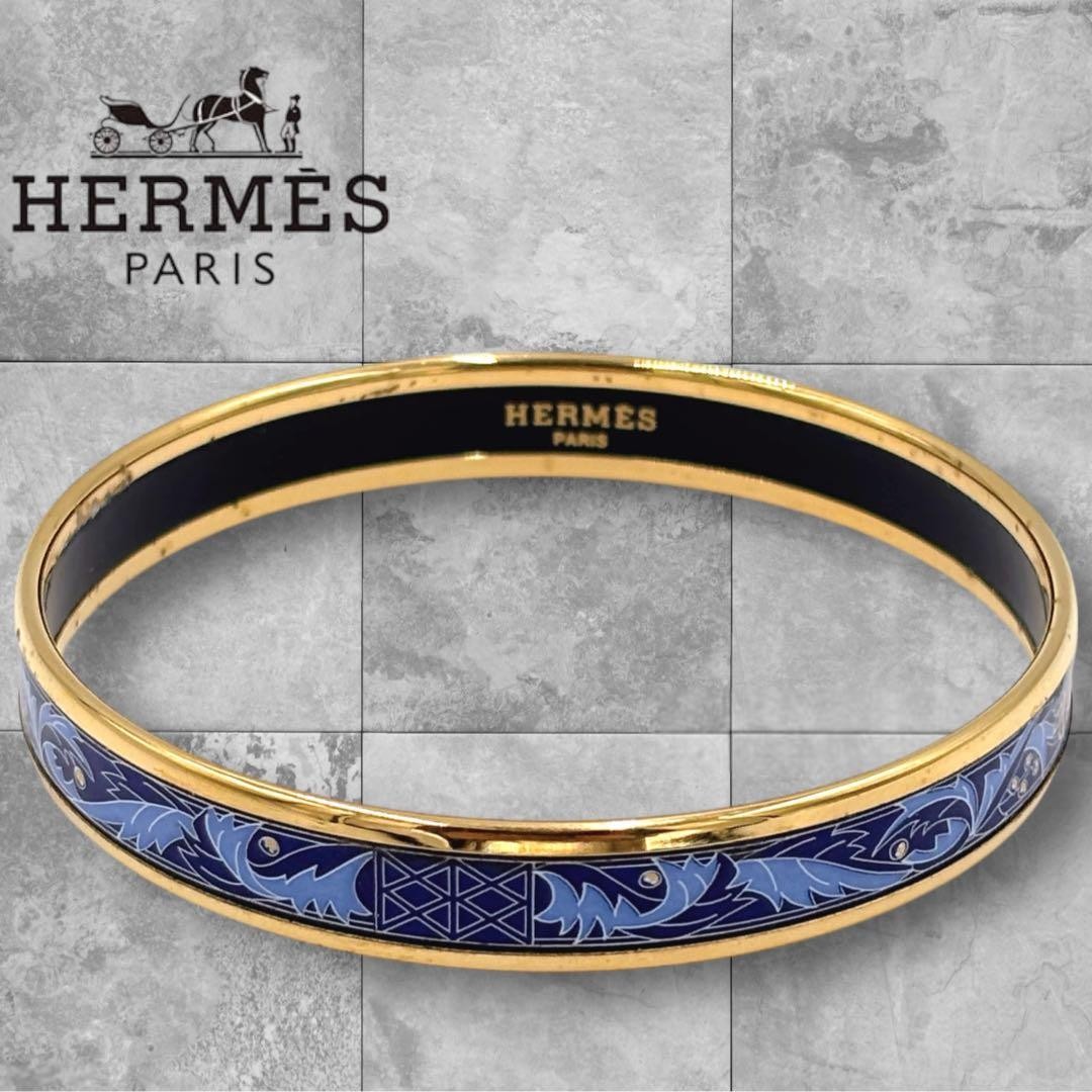 HERMES Enamel PM Bangle Cloisonne Blue x Gold