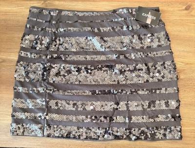 Express Gray Silver Striped Sequin Mini Skirt Lined Pull-On Women s XS