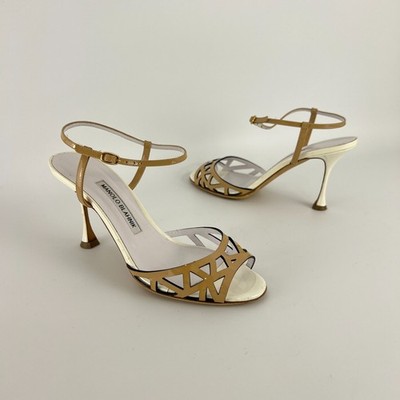 Manolo Blahnik | Auth Nude Tan Leather Ankle Strap White Stiletto Heels (37)