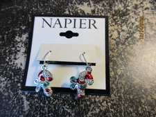 NWT Napier Silver Tone CHRISTMAS CANDY CANE Pierced Drop Dangle Earrings Red