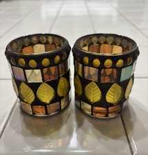 2 Vintage Mosaic Glass Candle Holders Votive Tealight Pillar Candles 2.5"x 2"