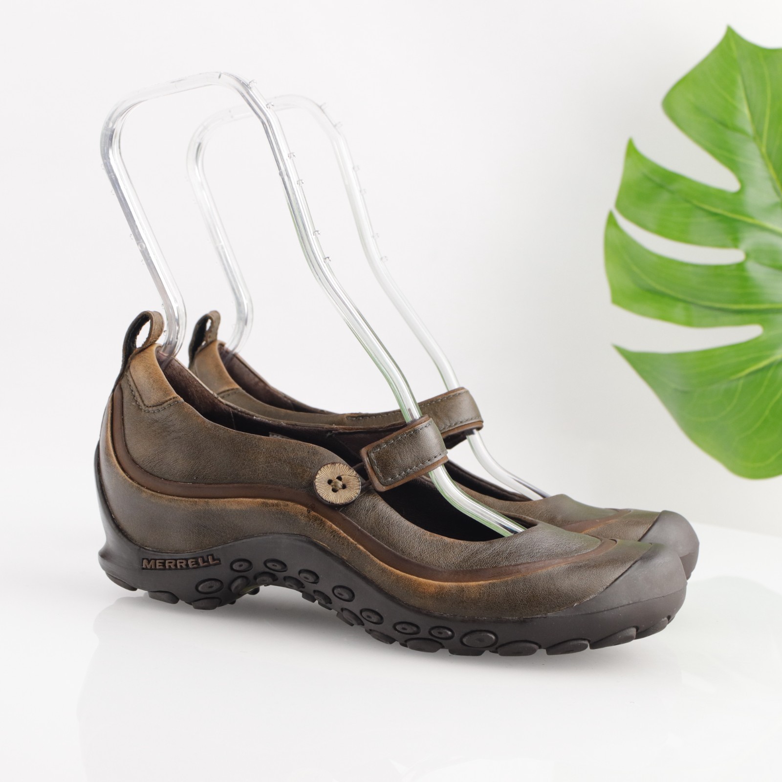 Scarpa Merrell donna Plaza Emme Mary Jane misura 8 5 pelle marrone zeppa tacco zoccolo