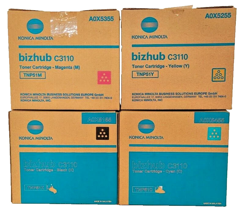 Juego de tóner original Konica Minolta TNP51 KCMY para BIZHUB C3110P nuevo y embalaje original
