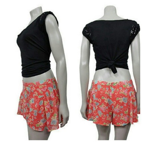 NWT Free People Coral Pink Floral Chiffon Pleated Skorts Skirt Shorts size 10 - Picture 2 of 3