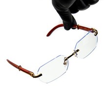 Men's Gold Frame Geometric Clear Lens Rimless Hip Hop Fashion Woodgrain Glasses