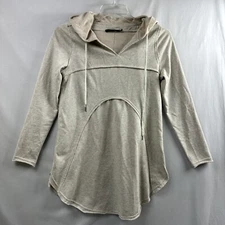 Doe & Rae Tunic Pullover Womens Small Hooded Sweatshirt Beige Raw Seams Cozy