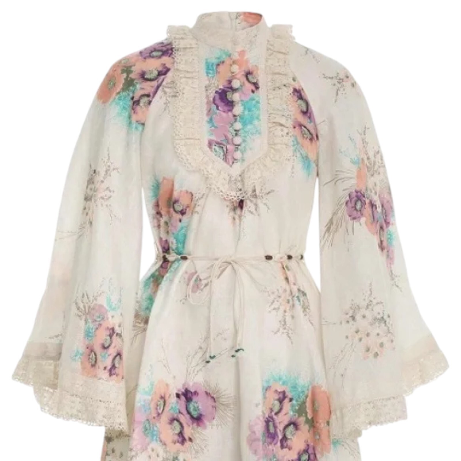 Zimmermann Jude Dress Size 2 AU 12/US 8 Floral Print Linen Lace Long Sleeve Mini