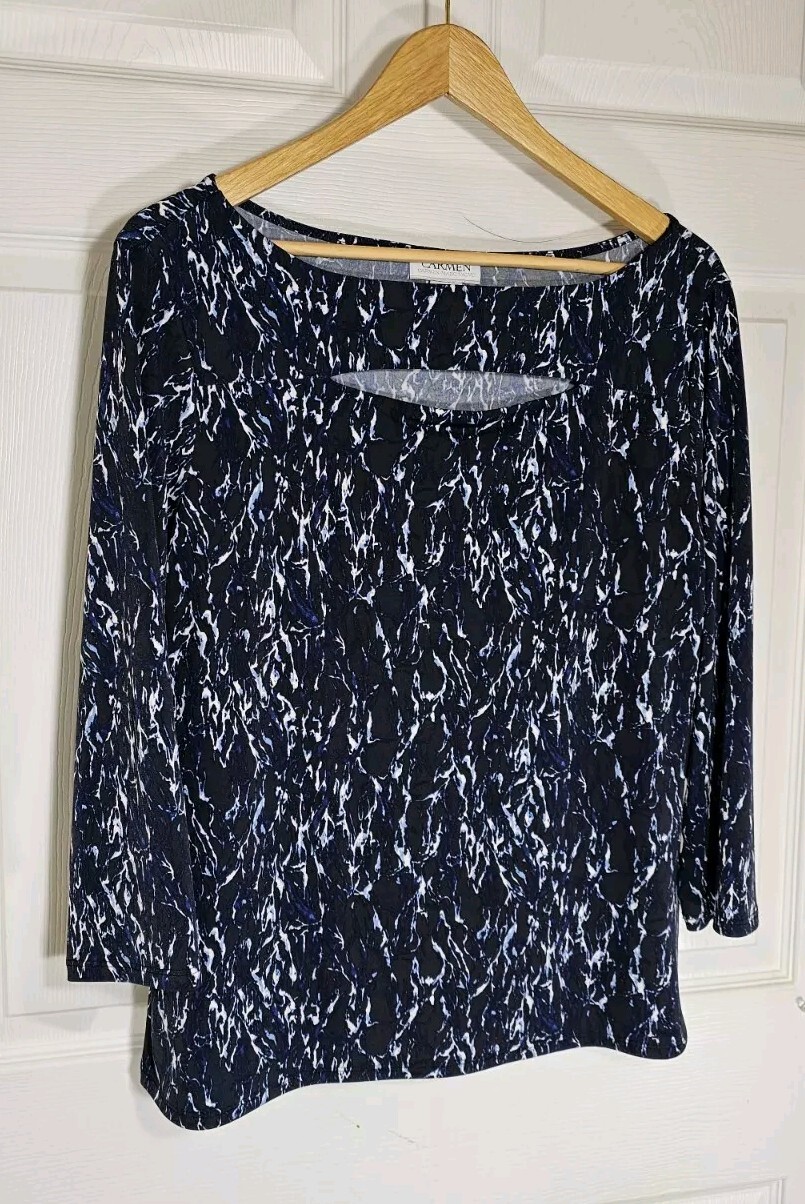 Carmen Marc Valvo Womens Jersey Knit Top Size XL Stretch Shirt Blouse Blue White