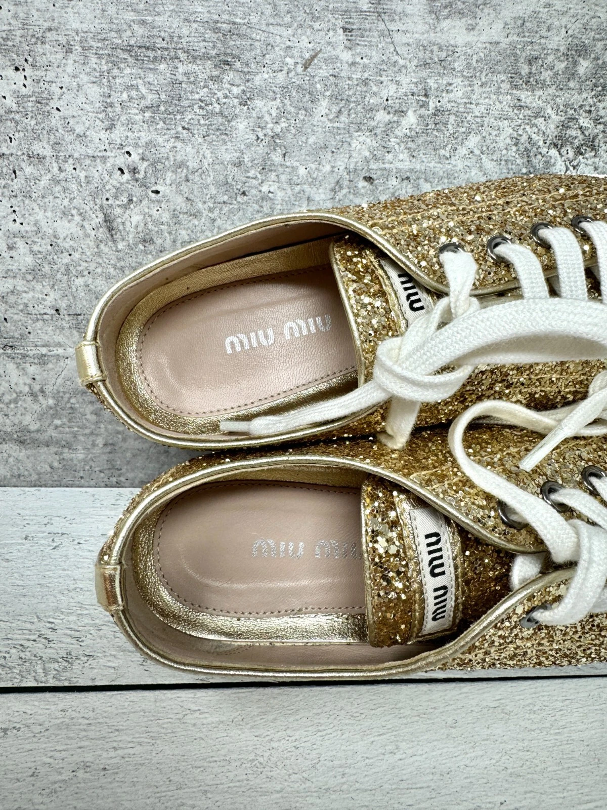 SCARPE DA GINNASTICA MIU MIU ORO PIRITE GLITTER METALLO PUNTA LOGO 36