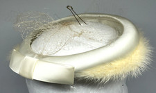 WHITE MINK Real Fur Halo Hat Netting Satin Womens Bullocks Vintage RARE