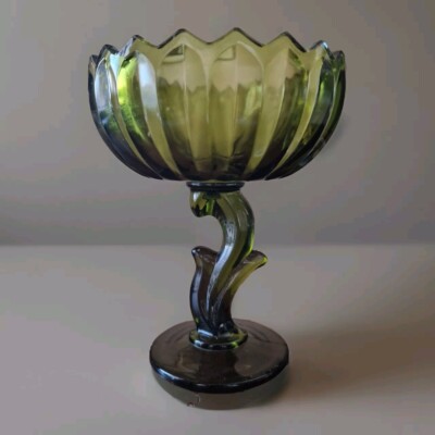 Indiana Glas grün Lotusblüte Fuß Kompott Schale 7,5'' Standschale Vintage