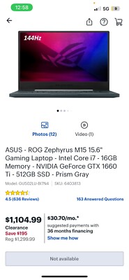 ASUS ROG ZEPHYRUS M15 GU502LU 512gb 16gb CORE i7 2.6GHz WINDOWS 11 LAPTOP