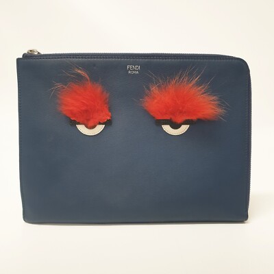 NO TARIFF FENDI Monster Bag Bugs Eye Clutch Handbag Pouch Blue Fur