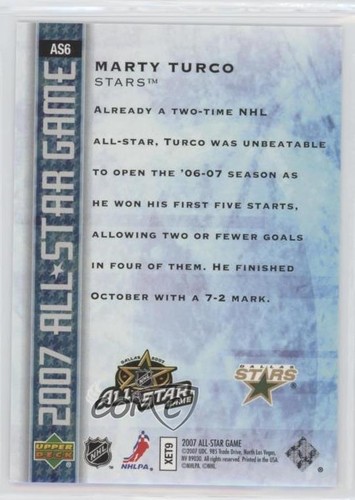 2007 Upper Deck All-Star Game /1000 Marty Turco #AS6 - Picture 2 of 3