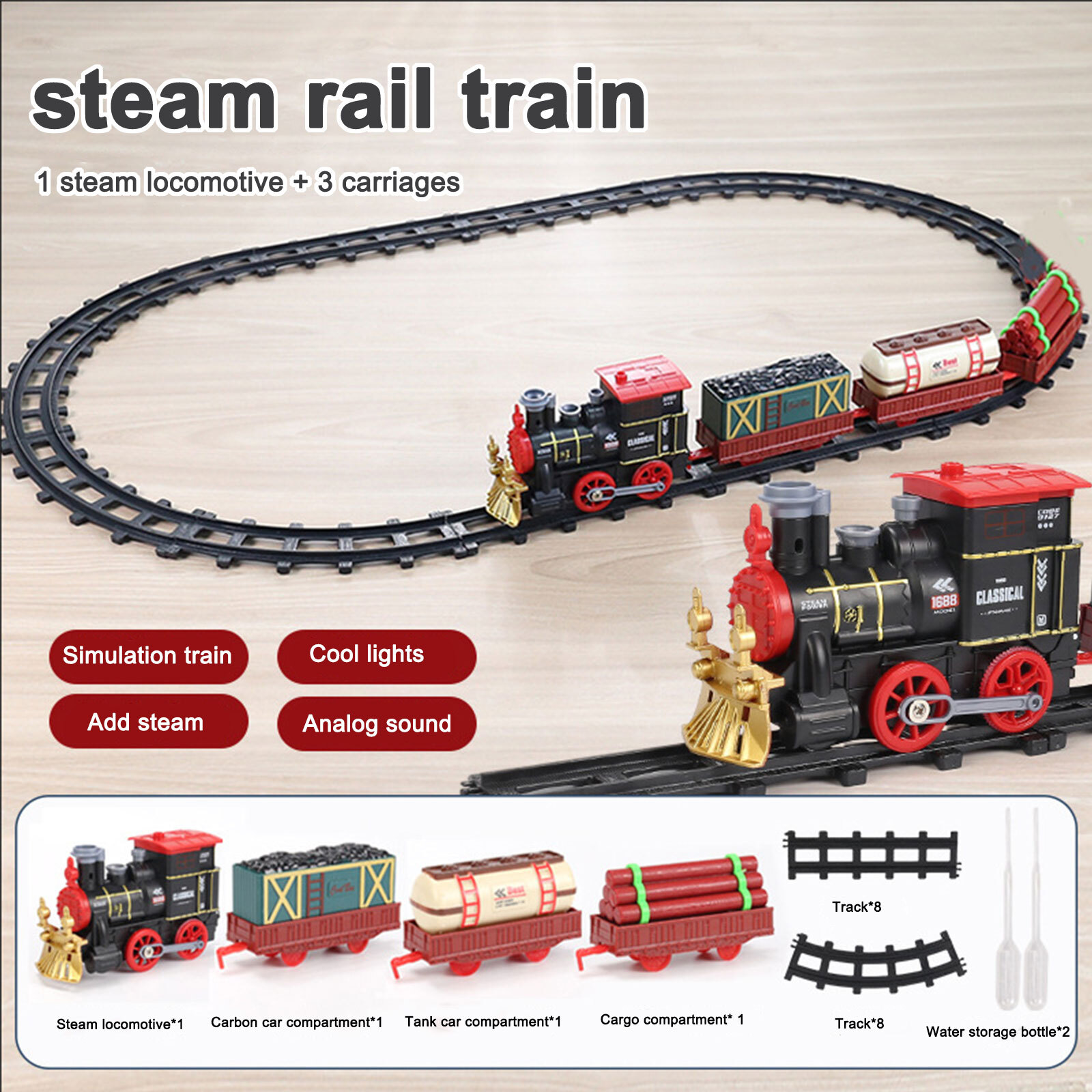 Electric Christmas Train Tracks Set Kids Toy w/ Lights Sounds Smoke