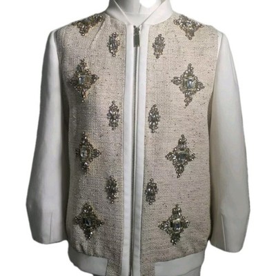 Ted Baker Herren Gr. 3 Bomberjacke Creme Natur Gold Profil Perlen Reißverschluss   