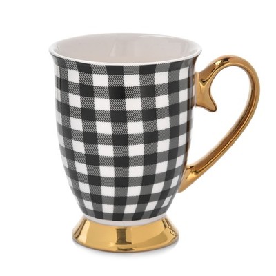 AMBITION Kaffeebecher Kaffeetasse Tee Porzellan Diana Gold 300 ml Karomuster 