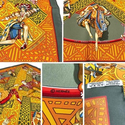 HERMES Carre 90 Scarf LES BALLETS RUSSES Silk 100% Khaki Orange