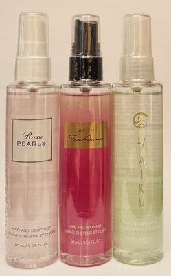 Three (3) Avon hair & body mists: Rare Pearls - Far Away - Haiku