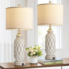 Farmhouse Table Lamps for Bedroom Set of 2, 28" Rustic Bedside Lamp with USB ...