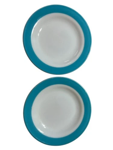Set - 2 Vtg PYREX BLUE BAND Milk Glass BREAD PLATE 6 3/4" Turquoise Aqua Rim USA