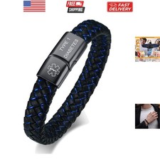 Blue Braided Leather Medical Symbol Caduceus with Magnetic Clasp Cuff Wristba...