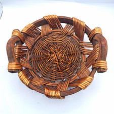 Round Brown Wicker  Wood Basket with Handles, 14in Dia x 4in H