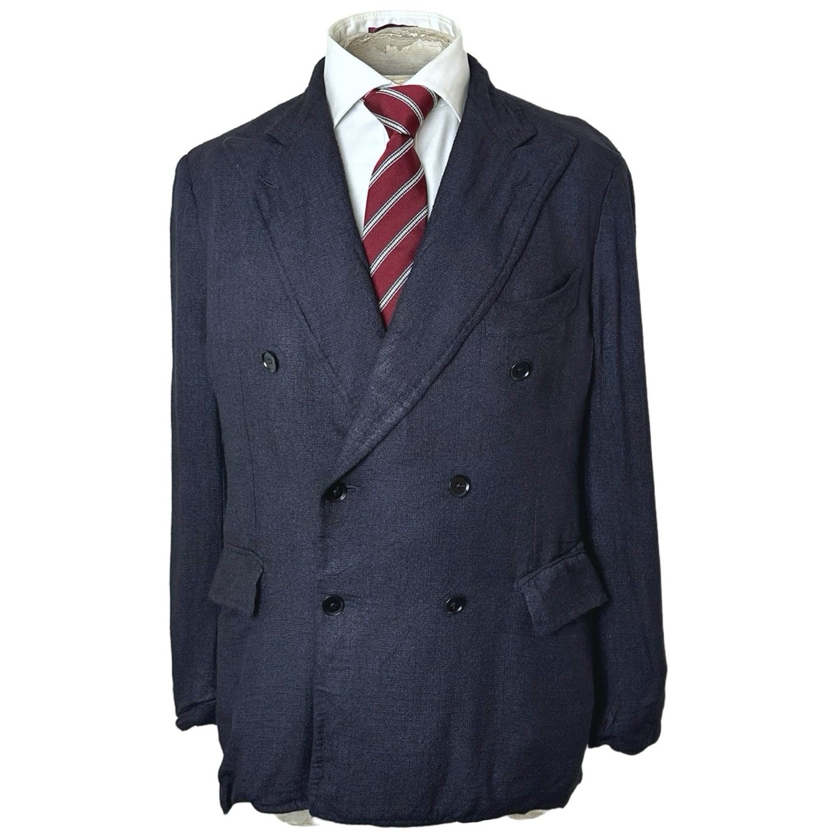 Isaia Napoli Double Breasted Jacket Blazer 40R Navy Pure Silk Summer Tweed