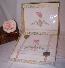Embroidered Cotton Pillowcase & Bolster Set By Causeway Ireland Boxed & Vintage