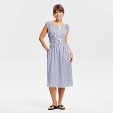 Women Cap Sleeve Tassel Drawstring Midi Dress - Universal Thread Blue Striped