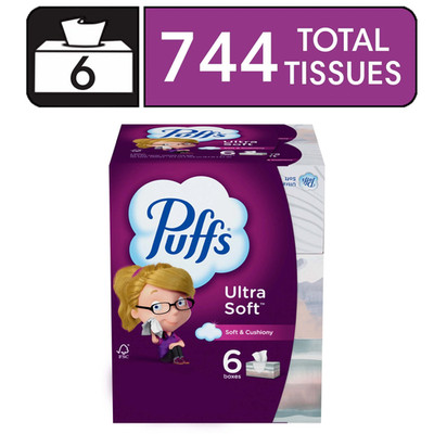 Ultra Soft Facial Tissues, 6 Family Size Boxes, 124 Tissues