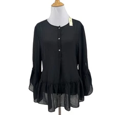 Max Studio Blouse Womens M Medium Black Semi Sheer Peplum 3 Button Pullover