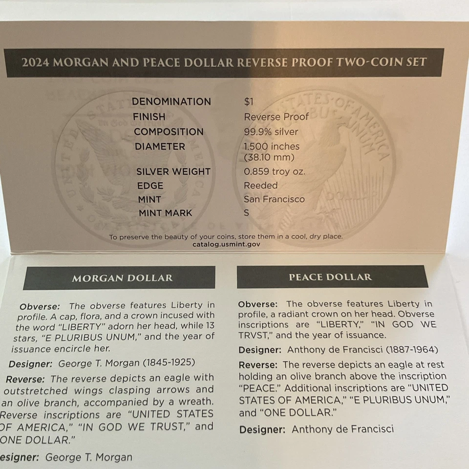 Juego de dos monedas Morgan and Peace Dollar 2024 a prueba inversa acuñadas en San Francisco Foto 4 de 4