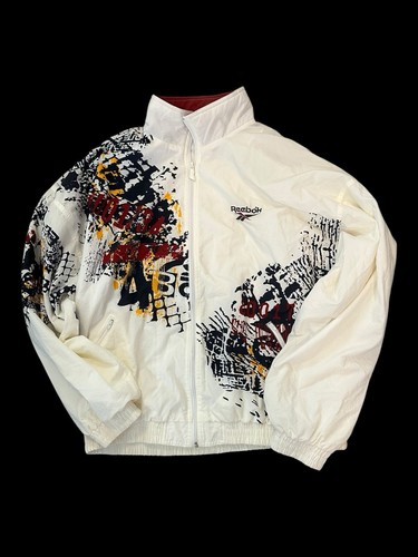 Vintage 1990s Reebok Track Jacket Mens Large Full Zip Splatter Design Nylon