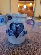 Rowe Pottery Creamer Pitcher Salt Glaze Stoneware Blue Heart 2002 4" Vintage