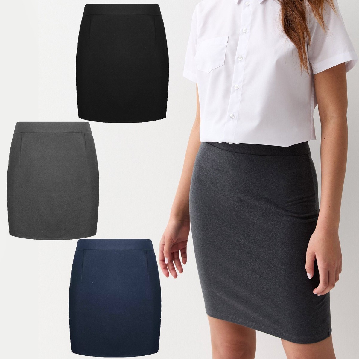 LADIES KIDS SKIRT PLAIN PENCIL BLACK SCHOOL UNIFORM SHORT DRESS OFFICE WEAR